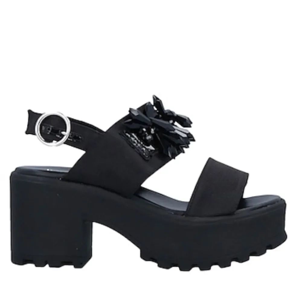 Black Satin Platform Sandals Chunky Heel Open Toe 7.5 — image 2 of 4